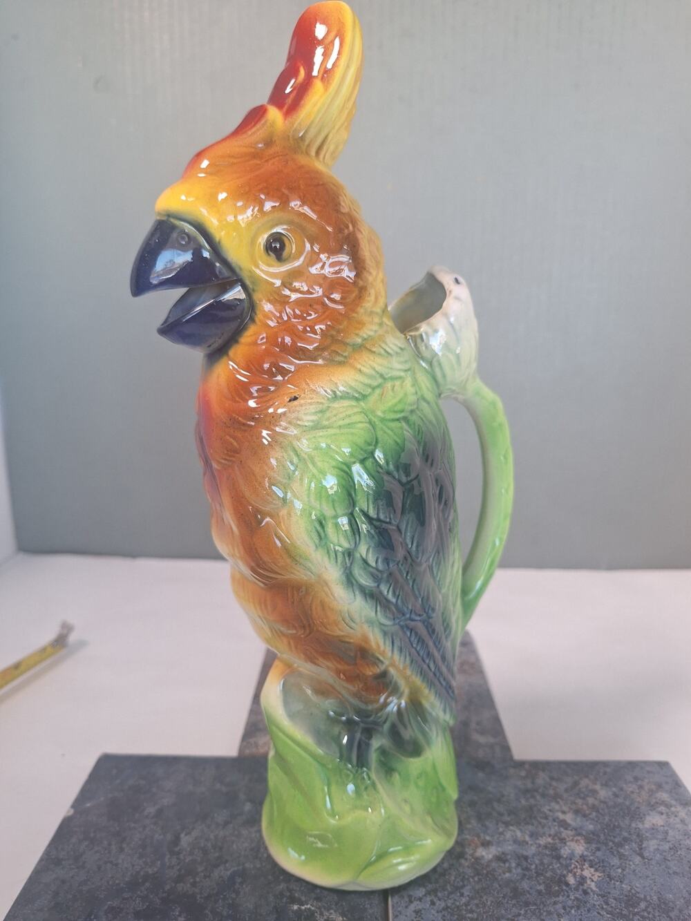 Antique Saint Clement France Majolica Cockatoo Pitcher Ewer Tiki Bird 13”- NM